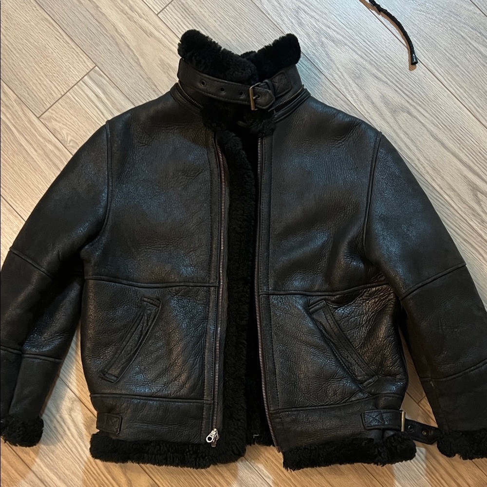 Black Shearling Leather Jacket with Removable Hood - Picture 2 of 11